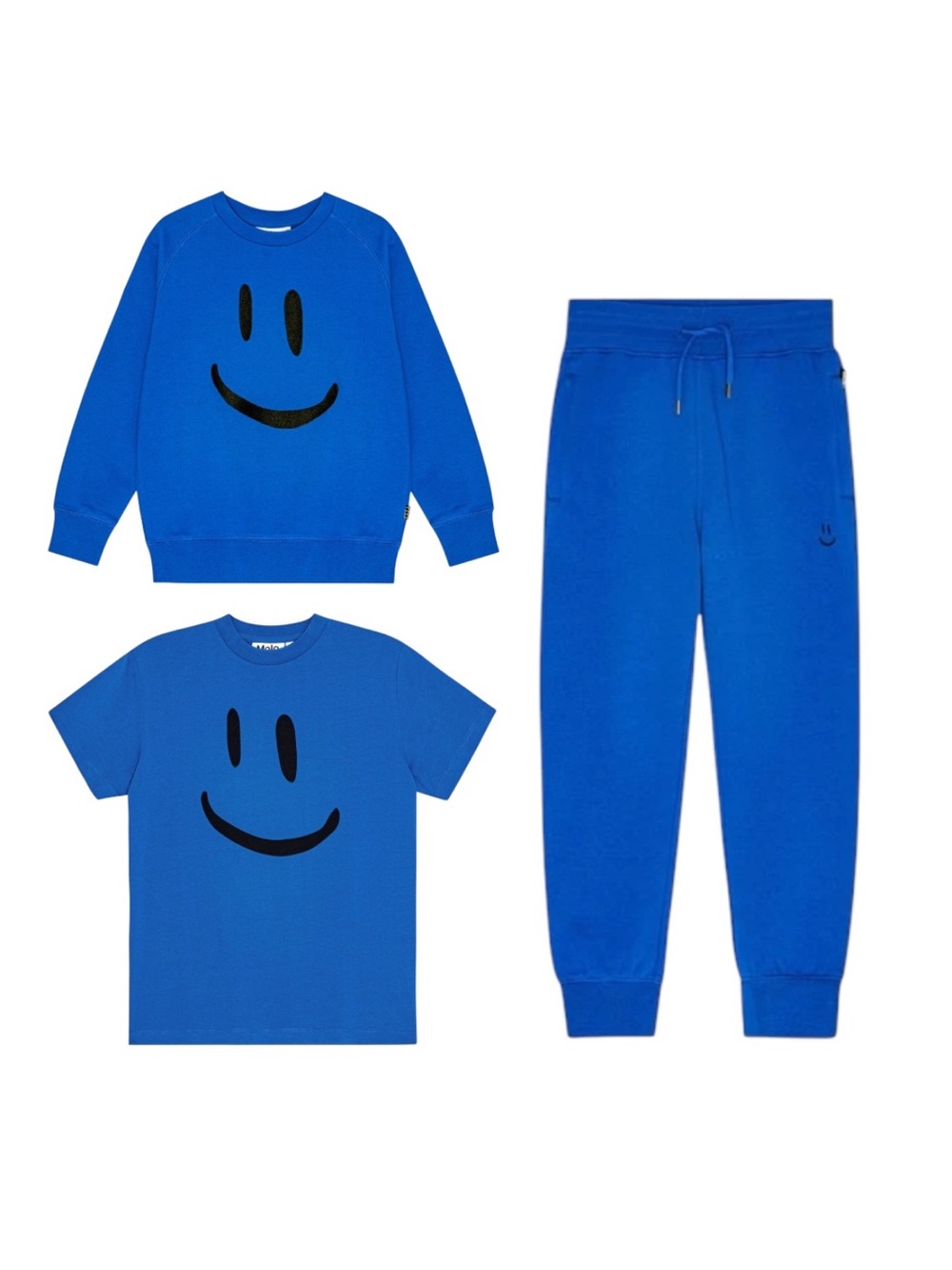 Molo 3 Pc. Sweat Set Lapis Blue Smily Face Size 5 Unisex Crewneck Sweatpants Tee